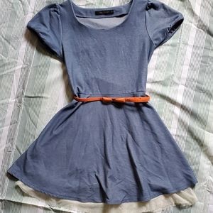 Belted Blue Dress with Ruffled underskirt